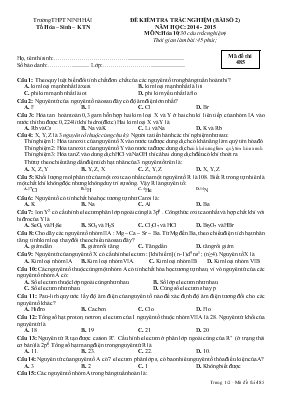 Đề 3 kiểm tra trắc nghiệm (bài số 2) năm học  2014 - 2015 môn Hóa 10 (30 câu trắc nghiệm)